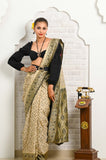 Off White-Ash Jamdani Work Soft Silk Banarasi Saree