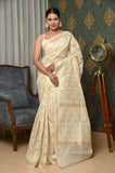 Off White Kora Cotton Banarasi Saree With Double Weaving Thread And Striped Zari Border