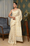 Off White Kora Cotton Banarasi Saree With Double Weaving Thread And Striped Zari Border