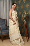 Off White Kora Cotton Banarasi Saree With Double Weaving Thread And Striped Zari Border