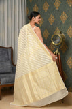 Off White Kora Cotton Banarasi Saree With Double Weaving Thread And Zari Work