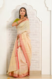 Off White Round Booti Cotton Silk Banarasi Saree