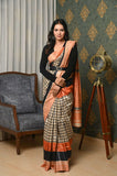 Offwhite Checks Pure Tussar Ghicha Printed Saree with Orange Pallu