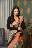 Offwhite Checks Pure Tussar Ghicha Printed Saree with Orange Pallu