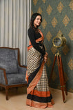 Offwhite Checks Pure Tussar Ghicha Printed Saree with Orange Pallu