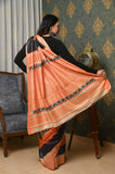 Offwhite Checks Pure Tussar Ghicha Printed Saree with Orange Pallu