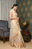 Offwhite Kora Banarasi Saree With Golden Zari Border