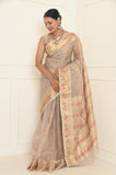 Offwhite Pure Silk Chanderi Saree with Handwoven Mahendi Hands