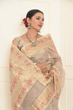 Offwhite Pure Silk Chanderi Saree with Handwoven Mahendi Hands