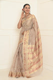 Offwhite Pure Silk Chanderi Saree with Handwoven Mahendi Hands