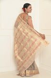 Offwhite Pure Silk Chanderi Saree with Handwoven Mahendi Hands