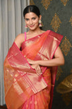 Orange Pure Silk Handwoven Chanderi Saree with Meena buti