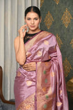 Pastel Purple Handwoven Katan Silk Banarasi Saree With Meena Border