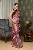 Pastel Purple Handwoven Katan Silk Banarasi Saree With Meena Border