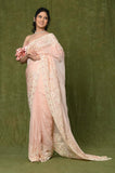 Peach Embroidered Georgette Organza Designer Saree