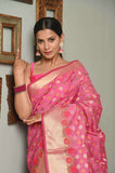 Pink Multi Booti Zari Cotton Silk Banarasi Saree