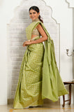 Pista Green Gold White Zari Cotton Silk Banarasi Saree