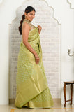 Pista Green Gold White Zari Cotton Silk Banarasi Saree