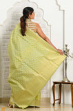 Pista Green Gold White Zari Cotton Silk Banarasi Saree