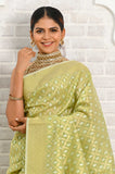 Pista Green Gold White Zari Cotton Silk Banarasi Saree