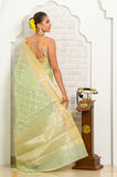 Pista Green Square Pattern Banarasi Saree