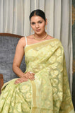 Pista Kora Cotton Banarasi Saree With Double Weaving Thread And Striped Zari Border