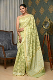 Pista Kora Cotton Banarasi Saree With Double Weaving Thread And Striped Zari Border