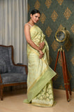 Pista Kora Cotton Banarasi Saree With Double Weaving Thread And Striped Zari Border