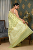 Pista Kora Cotton Banarasi Saree With Double Weaving Thread And Striped Zari Border