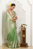 Pista green Banarasi Linen Saree