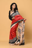 Red-Black Pure Tussar Ghicha Printed Saree