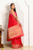 Red Cotton Silk Saree With Resham Booti