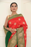 Red Handwoven Katan Silk Banarasi Saree With Green Border