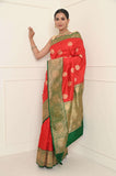 Red Handwoven Katan Silk Banarasi Saree With Green Border