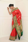 Red Handwoven Katan Silk Banarasi Saree With Green Border