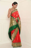 Red Handwoven Katan Silk Banarasi Saree With Green Border