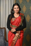 Red Linen Saree with Golden Border