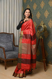 Red Linen Saree with Golden Border