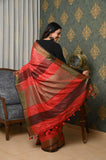 Red Linen Saree with Golden Border