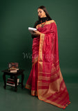 Red Linen Saree with Orange Golden border