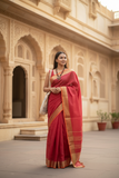 Red Linen Saree with Orange Golden border