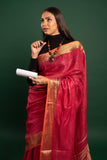 Red Linen Saree with Orange Golden border