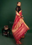 Red Linen Saree with Orange Golden border