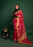 Red Linen Saree with Orange Golden border