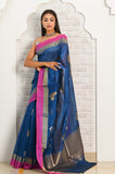 Royal Blue Cotton Silk Silver-Gold Booti Banarasi Saree