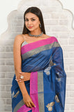 Royal Blue Cotton Silk Silver-Gold Booti Banarasi Saree