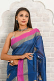 Royal Blue Cotton Silk Silver-Gold Booti Banarasi Saree