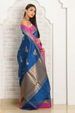 Royal Blue Cotton Silk Silver-Gold Booti Banarasi Saree