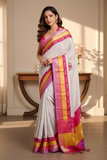Offwhite Checks Moonga Silk Multicolour Purple Border Hand Embroidered Saree