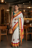 Offwhite Checks Moonga Silk Multicolour Green Border Hand Embroidered Saree
